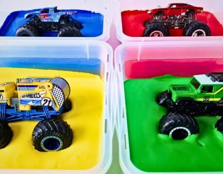 Red car transporter and blue truck. Cartoon about Cars.