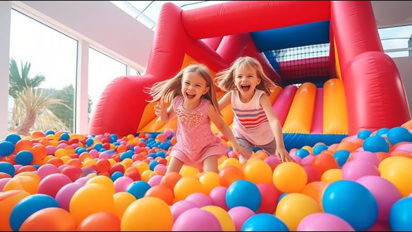 Alice and Eva — Kids Playing in Fun Playhouse with Slide and Jumping on the Trampoline
